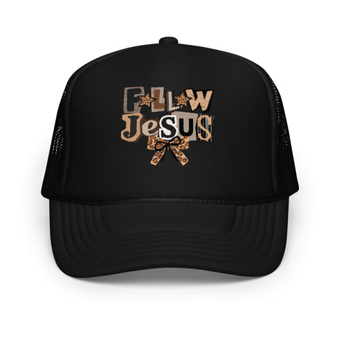 Follow Jesus Leopard Foam Trucker Hat