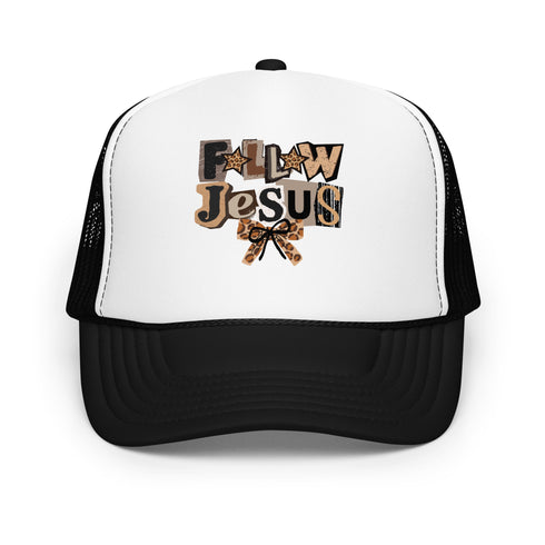 Follow Jesus Leopard Foam Trucker Hat