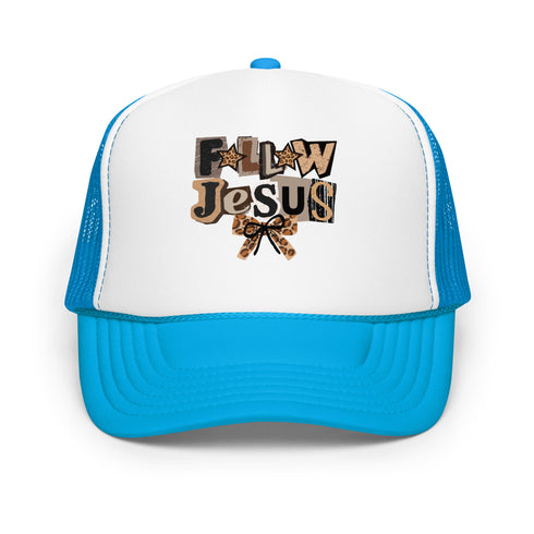 Follow Jesus Leopard Foam Trucker Hat