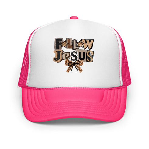 Follow Jesus Leopard Foam Trucker Hat
