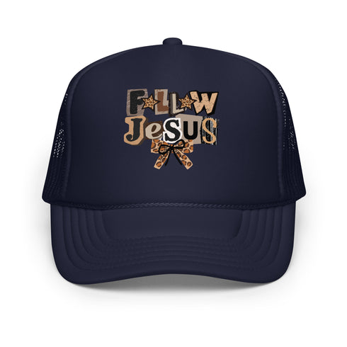 Follow Jesus Leopard Foam Trucker Hat
