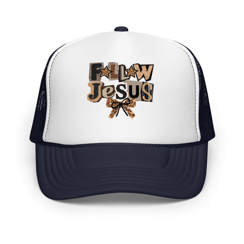 Follow Jesus Leopard Foam Trucker Hat