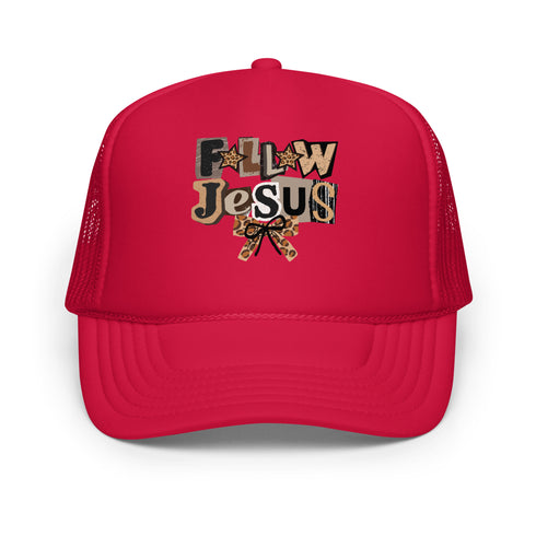 Follow Jesus Leopard Foam Trucker Hat