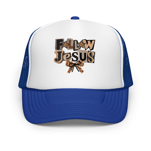 Follow Jesus Leopard Foam Trucker Hat