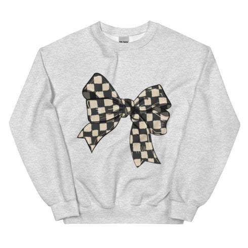 Race Checkered Bow Sweatshirt, Car Racing Crewneck Unisex Sweatshirt, Womenswear Oversized Top