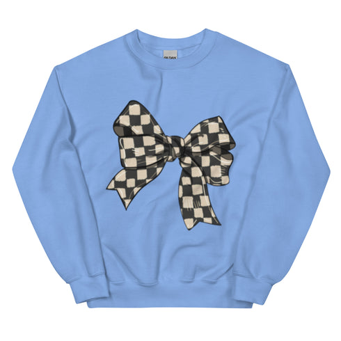 Race Checkered Bow Sweatshirt, Car Racing Crewneck Unisex Sweatshirt, Womenswear Oversized Top