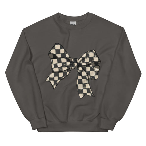 Race Checkered Bow Sweatshirt, Car Racing Crewneck Unisex Sweatshirt, Womenswear Oversized Top