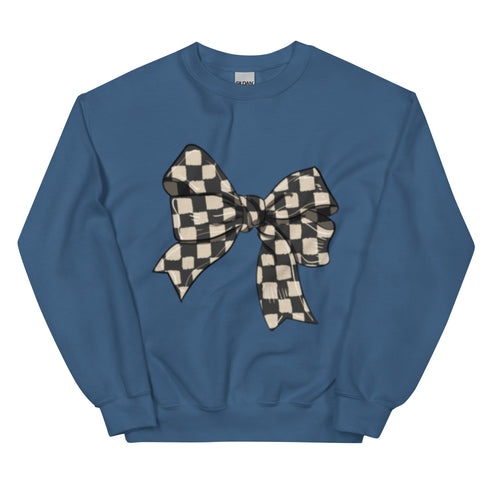 Race Checkered Bow Sweatshirt, Car Racing Crewneck Unisex Sweatshirt, Womenswear Oversized Top