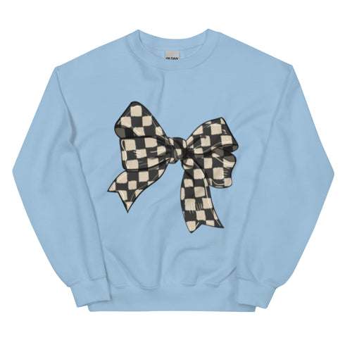 Race Checkered Bow Sweatshirt, Car Racing Crewneck Unisex Sweatshirt, Womenswear Oversized Top