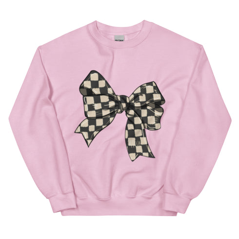 Race Checkered Bow Sweatshirt, Car Racing Crewneck Unisex Sweatshirt, Womenswear Oversized Top