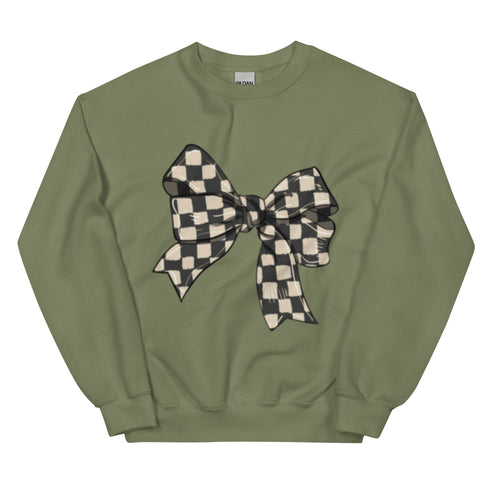 Race Checkered Bow Sweatshirt, Car Racing Crewneck Unisex Sweatshirt, Womenswear Oversized Top