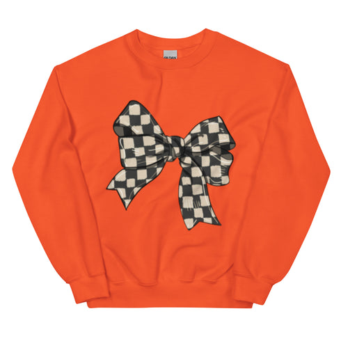Race Checkered Bow Sweatshirt, Car Racing Crewneck Unisex Sweatshirt, Womenswear Oversized Top