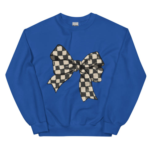 Race Checkered Bow Sweatshirt, Car Racing Crewneck Unisex Sweatshirt, Womenswear Oversized Top