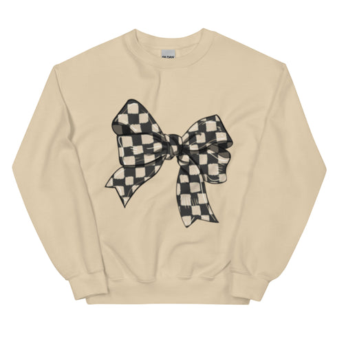 Race Checkered Bow Sweatshirt, Car Racing Crewneck Unisex Sweatshirt, Womenswear Oversized Top