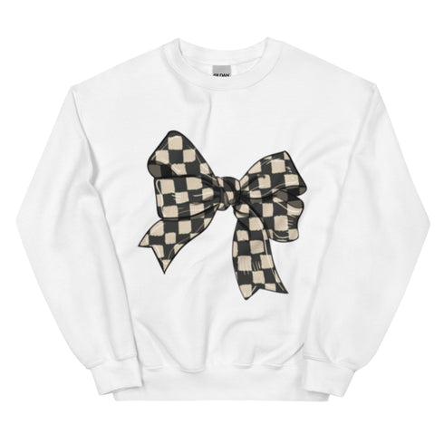 Race Checkered Bow Sweatshirt, Car Racing Crewneck Unisex Sweatshirt, Womenswear Oversized Top