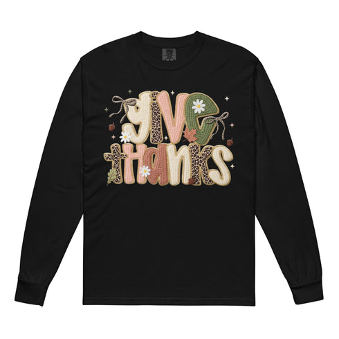 Faux Crochet Give Thanks Comfort Colors Long Sleeve