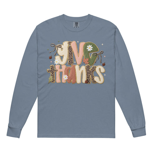 Faux Crochet Give Thanks Comfort Colors Long Sleeve