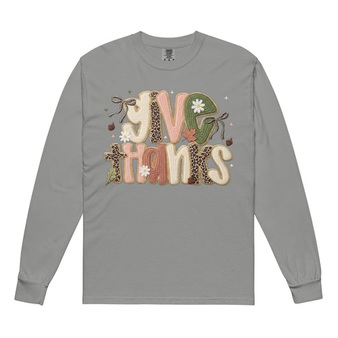 Faux Crochet Give Thanks Comfort Colors Long Sleeve