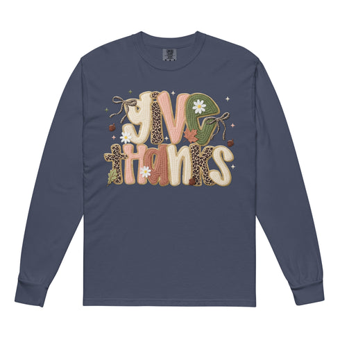 Faux Crochet Give Thanks Comfort Colors Long Sleeve