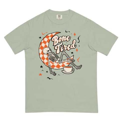 Bone Tired Skeleton Coffee and Crescent Moon Comfort Colors Shirt