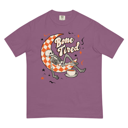 Bone Tired Skeleton Coffee and Crescent Moon Comfort Colors Shirt