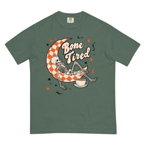 Bone Tired Skeleton Coffee and Crescent Moon Comfort Colors Shirt