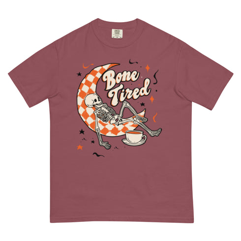 Bone Tired Skeleton Coffee and Crescent Moon Comfort Colors Shirt