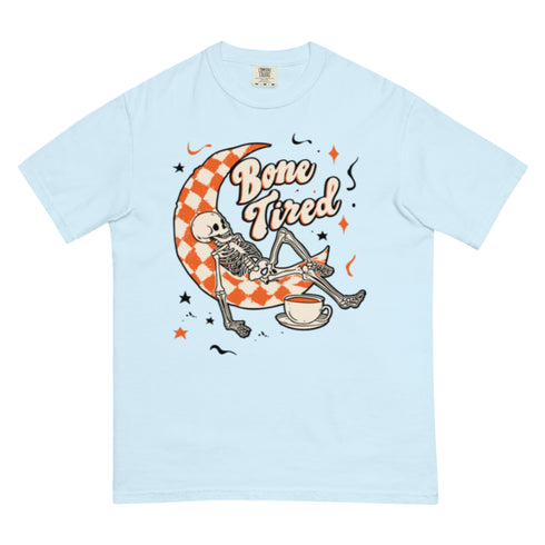 Bone Tired Skeleton Coffee and Crescent Moon Comfort Colors Shirt