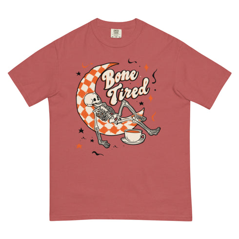 Bone Tired Skeleton Coffee and Crescent Moon Comfort Colors Shirt