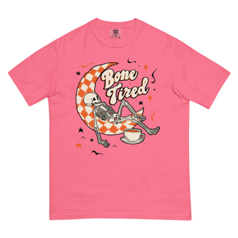 Bone Tired Skeleton Coffee and Crescent Moon Comfort Colors Shirt