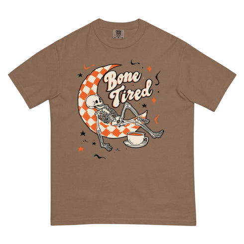 Bone Tired Skeleton Coffee and Crescent Moon Comfort Colors Shirt