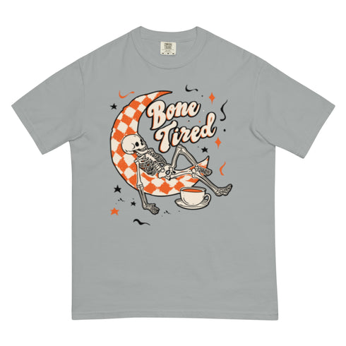 Bone Tired Skeleton Coffee and Crescent Moon Comfort Colors Shirt