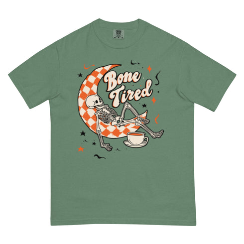 Bone Tired Skeleton Coffee and Crescent Moon Comfort Colors Shirt
