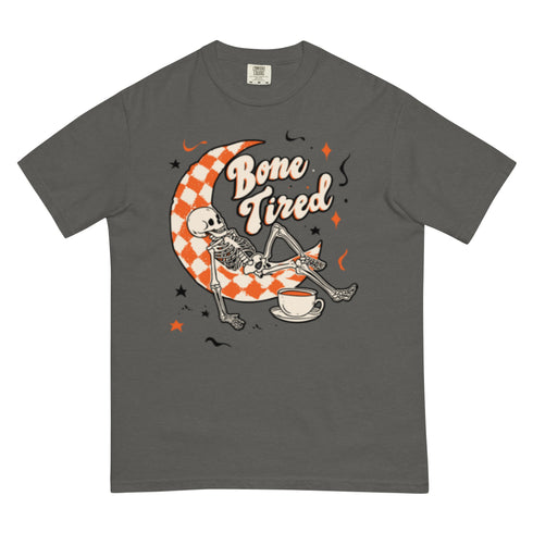 Bone Tired Skeleton Coffee and Crescent Moon Comfort Colors Shirt