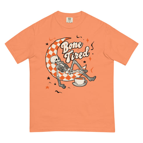 Bone Tired Skeleton Coffee and Crescent Moon Comfort Colors Shirt