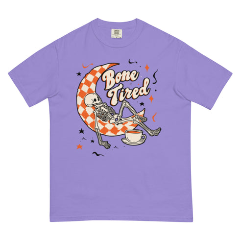 Bone Tired Skeleton Coffee and Crescent Moon Comfort Colors Shirt