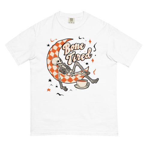 Bone Tired Skeleton Coffee and Crescent Moon Comfort Colors Shirt